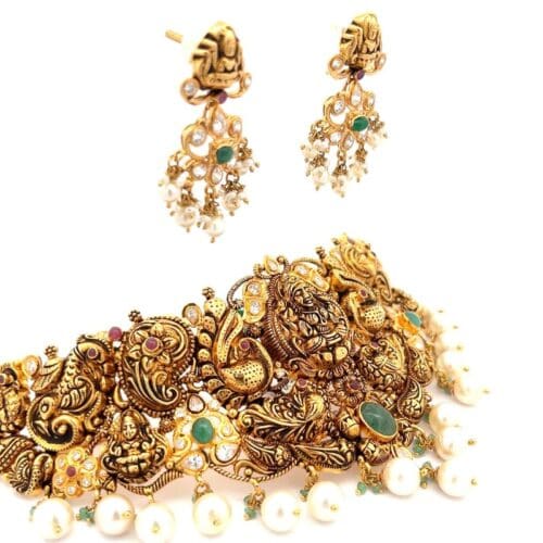 Gold Chandbali Earrings and Necklace Set - Right Side View | Alfa Jewellers